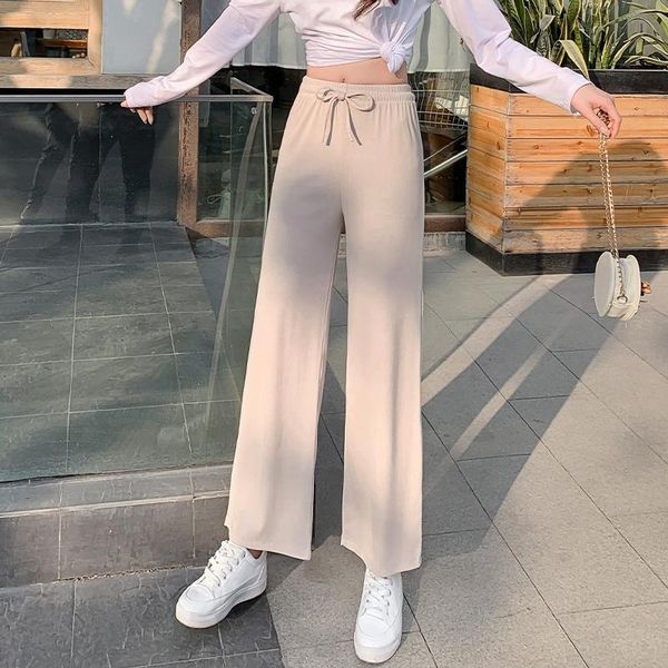 

women's pants & capris hed 2021 knit trousers black straight wide leg drawstring loose casual elastic waist solid lace up women, Black;white