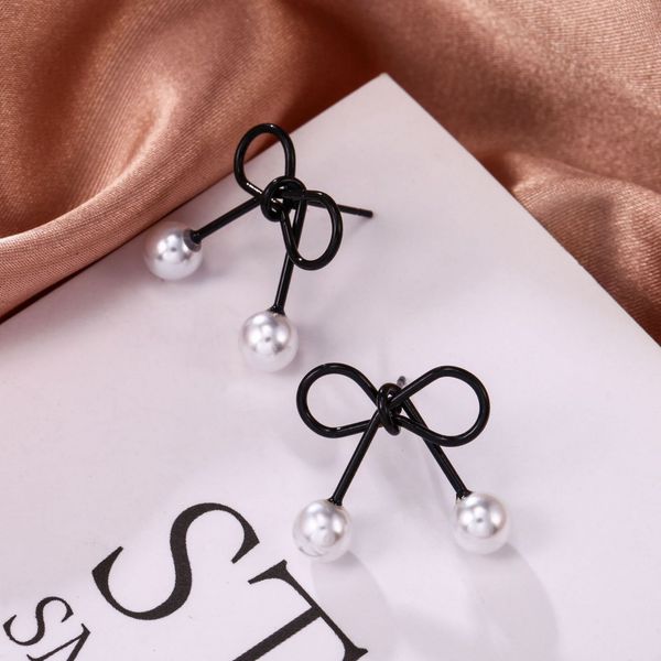 

studs earrings korean fashion black hollow flower bow pearl simple temperament lady ear accessories, Golden;silver