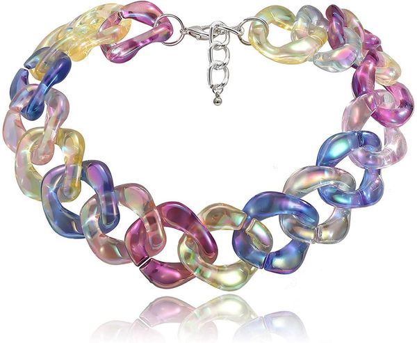 

chokers acrylic colorful leopard cuban link chain necklace rainbow chunky paperclip collar choker for women hip hop adjustable jewelry, Golden;silver