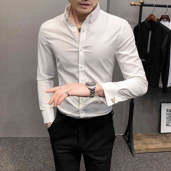 

t shirts big size 4xl-m spring 2021 men long sleeve shirt simple cufflinks thin decoration casual fit blouse formal wear asbf, White;black