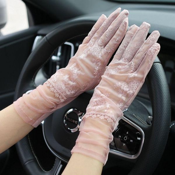 

five fingers gloves summer women short sunscreen uv anti slip driving lace full finger sun protection touch screen ladies dress, Blue;gray
