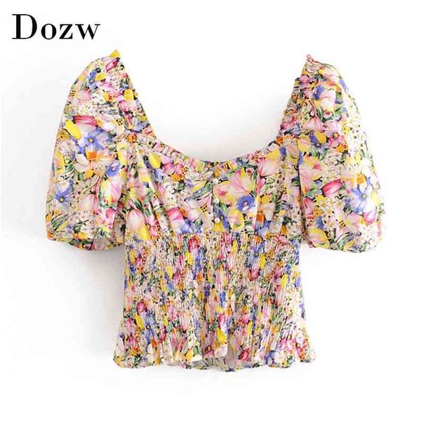 Pérola floral impressão blusa sopro manga curta camisa de moda mulheres backless cintura elástica elegante senhoras tops verão blusas 210515