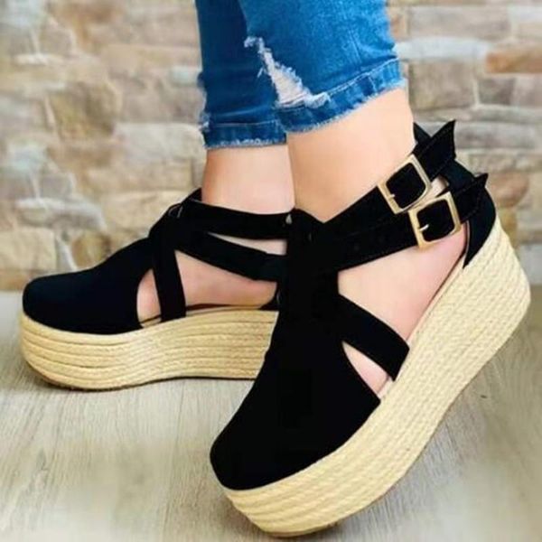 

sandals summer women fashion women's 2021 wedges heel side hollow buckle casual solid zapatos de mujer, Black