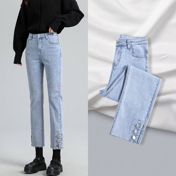

women's jeans straight spring wear 2021 loose stretch high waist slim korean versatile capri pants fashion, Blue