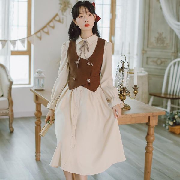 

women literary vintage 2 piece set fashion turn-down collar long sleeve dress + double breasted vest suits 2021 spring autumn women's t, Gray