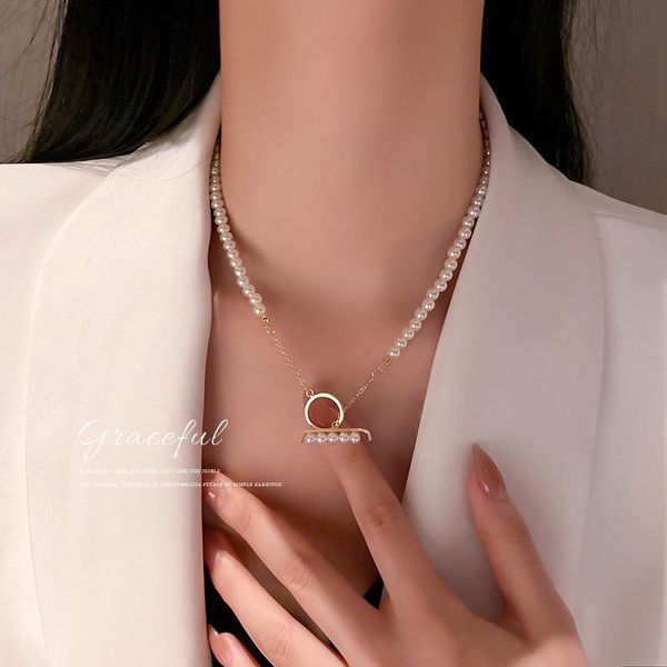 

chains han guodong door fashion simple personality tide necklace short t buckle pearl temperament design feeling sautoir, Silver