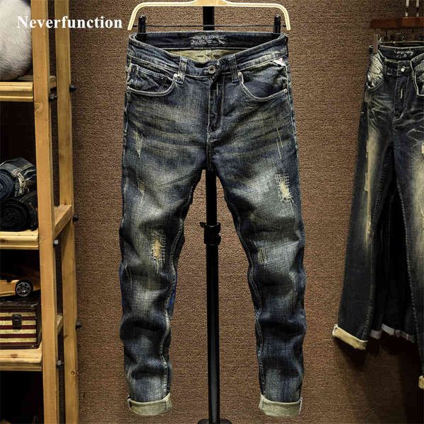 

jeans men autumn ripped slim fit vintage cotton casual biker hip hop streetwear man holes printed joggers denim trousers, Blue