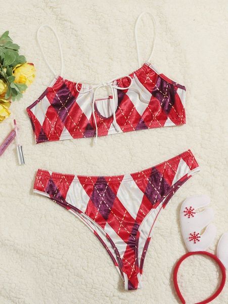 

plus argyle print velvet lingerie set k4tz#, Black;white