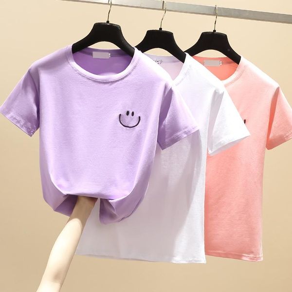 

women's t-shirt summer cotton t shirt women clothes embroidery korean casual tee femme round neck solid all-match t-shirts woman, White