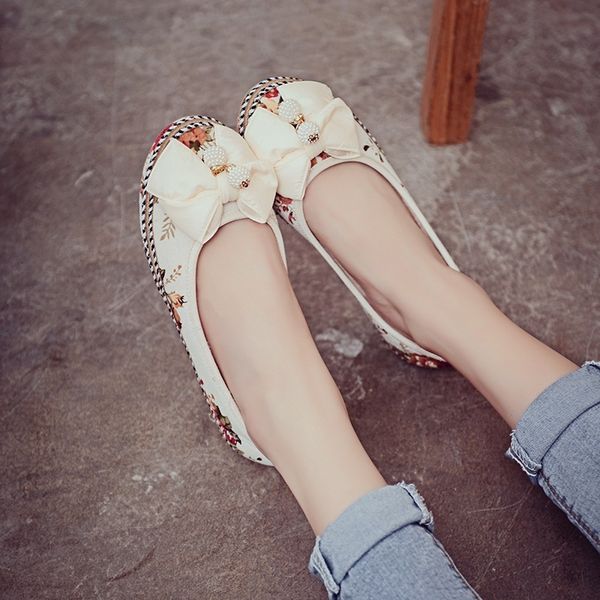 

sandals autumn and winter old beijing cloth national style flat cotton printing fashion bow beaded women's single shoes, Black