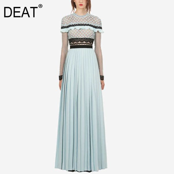 

[deat] summer fashion round neck high waist ankle-length lace hollow out long sleeve splicing pleated dress 13c479 210527, Black;gray