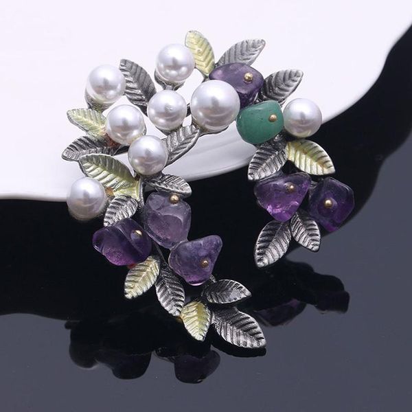 

pins, brooches colorful natural stone leaf pins vintage style imitation pearl big women brooch wedding accessories fashion jewelry, Gray