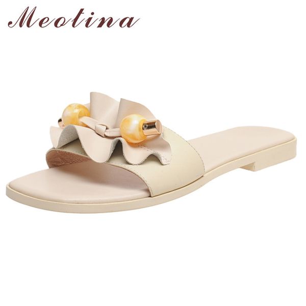 

slippers women string bead genuine leather flat slides square toe ruffles shoes ladies summer causal sandals female 40 210517, Black