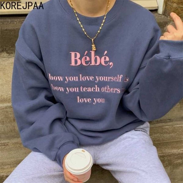 

korejpaa chic letter embroidery sweatshirt women autumn simple korea fashion ladies o-neck long sleeve loose casual 211013, Black