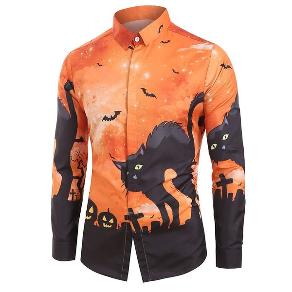 

halloween men's cat bat pumpkin print long sleeve shirt, White;black