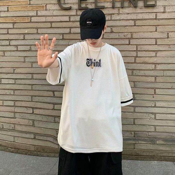 

men's t-shirts oversized men t shirt mesh retro embroidery short sleeve o neck china style high street harajuku couple sport male cloth, White;black