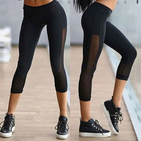 

women's leggings women high waist 3/4 yoga sports gym pants scrunch elastic push up, Black