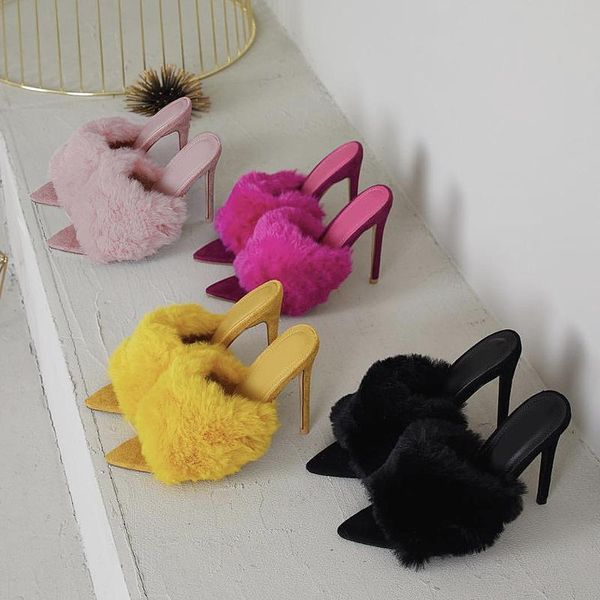 

slippers 2021 european station sandals candy color luxury fur large women shoes size 35-43 high heel, Black
