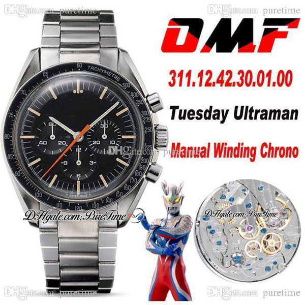 Omf moonwatch manual enrolando cronógrafo mens relógio speedy terça-feira 2 ultraman preto discar pulseira de aço inoxidável 311.12.42.30.01.001 super edição puretime m55a1