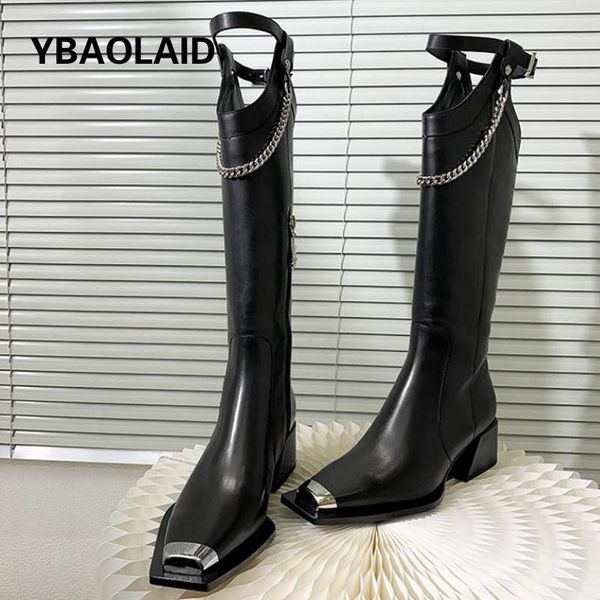 

boots design sense high tube chain knight 2021 genuine leather square toe thick heel personality western women, Black
