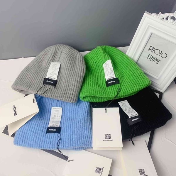 

factory wholesale 50% off we11done autumn and winter new knitted hat badge label design wool warm ear cold moisture, Blue;gray