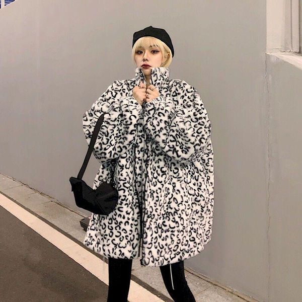 

women's down & parkas winter faux fur leopard print coat jacket harajuku fashion loose warm 2021 hip-hop streetwear thicken outwear ove, Black