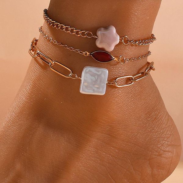 

anklets bohemian star pearl for women geometric multi-layer gold color pendant ankle bracelets trendy barefoot beach jewelry, Red;blue