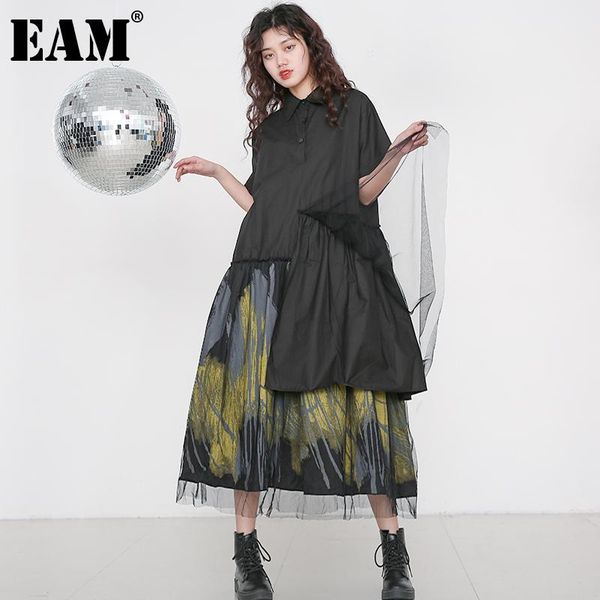 

[eam] women black pattern printed mesh big size shirt dress lapel short sleeve loose fit fashion spring summer 2021 1t86201 party dresses, White;black
