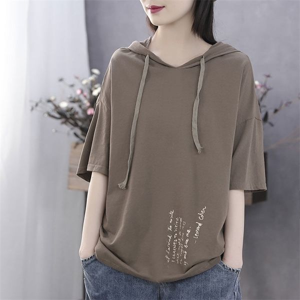 

short-sleeved t-shirt women's summer style loose casual printing hooded bottoming shirt 210623, White