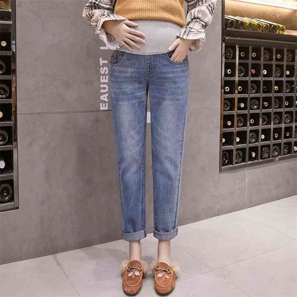 

1901# autumn winter fashion denim maternity jeans adjustable belly straight pants for pregnant women loose pregnancy trousers 210918, White