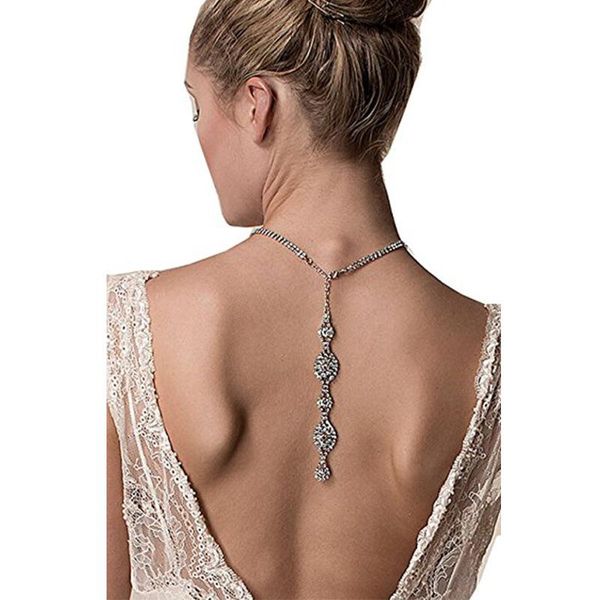 

pendant necklaces fashion back necklace rhinestone long tassel for women exquisite bridal wedding jewelry clavicle chain, Silver