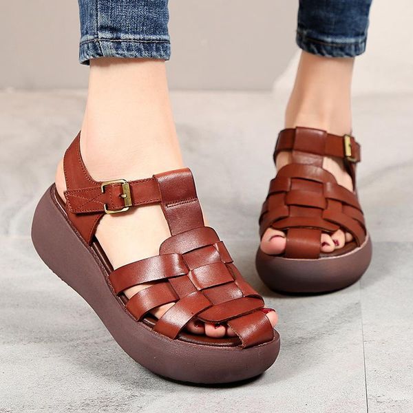 

dress shoes mother comfort genuine leather sandals 2021 summer fashion retro casual wedges for women platform zapatos de mujer, Black
