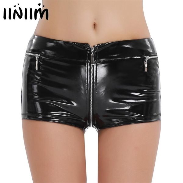 Женщины Pole Dance Booty Shorts Black Wetlook PVC Кожаные боксерские Sexy Sexy Zippered Открытый промежность Фестиваль Rave Micro Minishorts 210724