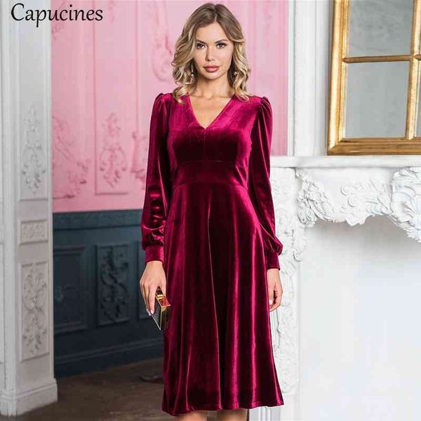 Vintage Spruff Sleeve Vestido de Veludo Outono Inverno Longa mangas Slim V-pescoço Vestido vestido elegano uma festa de linha Midi vestidos feminino 210322