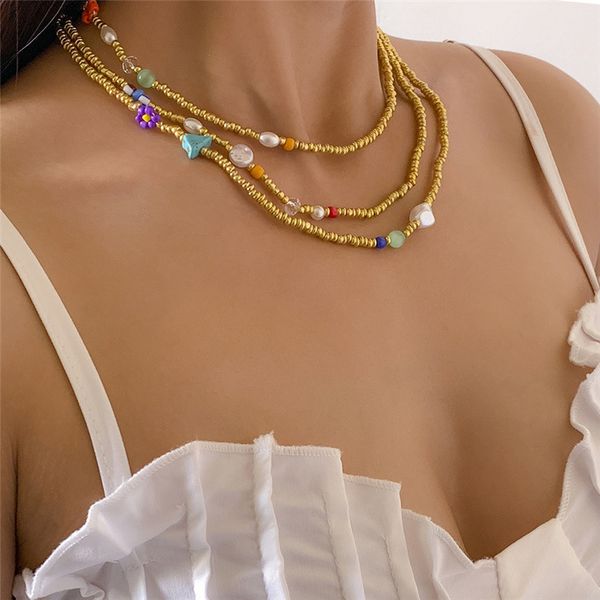 

european imitation pearl rice beaded necklace irregular flower turquoise clavicle chain women multi layer gold splicing colorful necklaces j, Silver