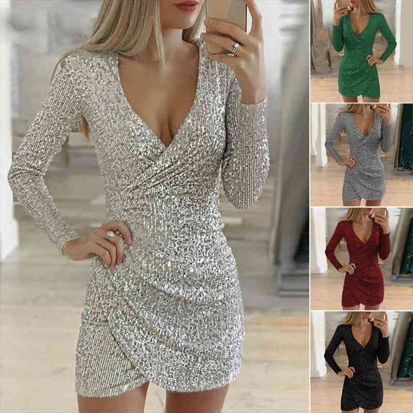 

sparkly sequin short deep womens dresses v-neck long sleeved elegant party sheath for holiday prom evening, Black;gray