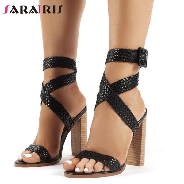 

high block heels summer sandals dropshipsummer fashion fretwork women elegant shallow gladiator shoes woman, Black