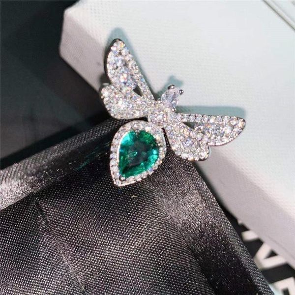 

wedding rings cute bee white zircon opening ring water drop green crystal for women jewelry vintage silver color dainty cz, Slivery;golden