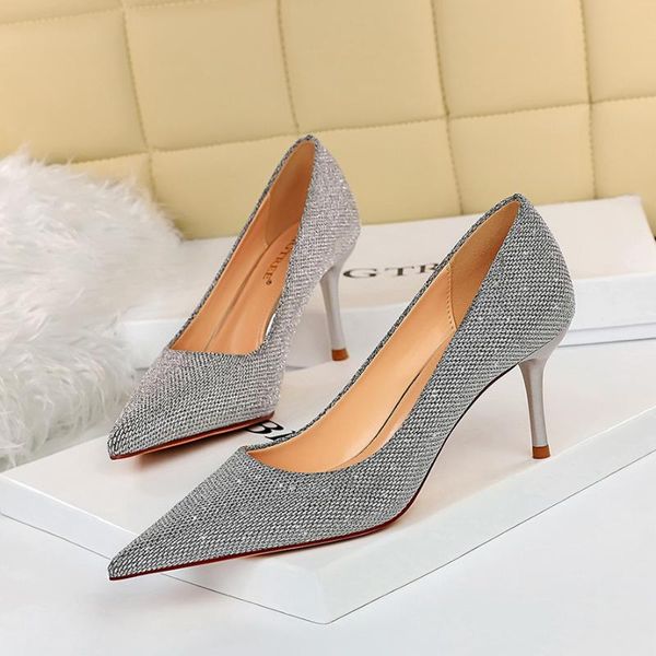 

8999-6 fashion banquet stiletto high heels shallow mouth pointed toe shiny sequined cloth women's shoes single shoes high heels, Black