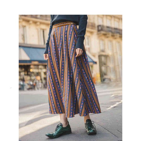 

skirt spring autumn lyocell cotton high waist a-line vintage vertical stripe print skirt 1k64, Black