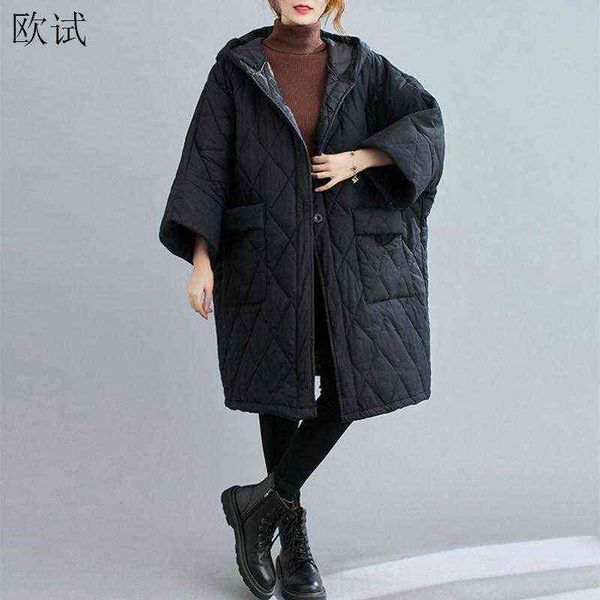 

winter warm hooded coat women oversized thick ladies coats long outwear woman plaid coat femme 211130, Black