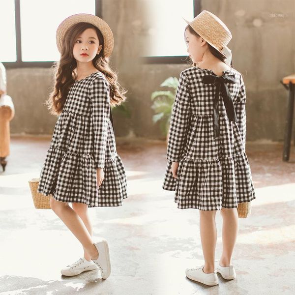 

girl's dresses 2021 girls long-sleeved princess plaid dress spring fall children's clothes one piece female kids fashion bow x86, Red;yellow