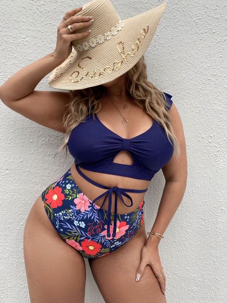 

plus floral print ruffle bikini swimsuit c0tm#, Black