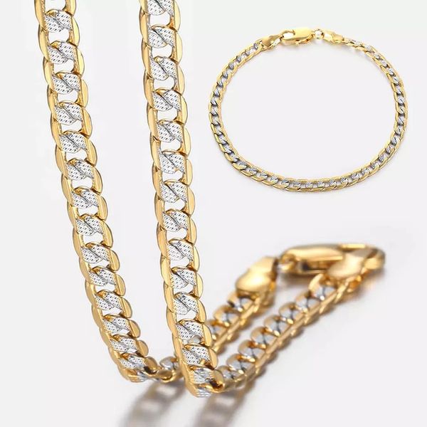Bracciale con collana cubana a cordolo martellato piatto da 4 mm, colore oro misto argento per donna, set di gioielli da uomo GN64A