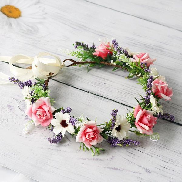 

women fabric pink flower garland headwear ornament1