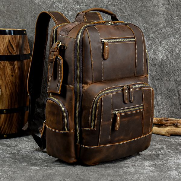 

vintage genuine leather man's travel backpack fit 15" lapdaypack real leather school bag big travel rucksack for man