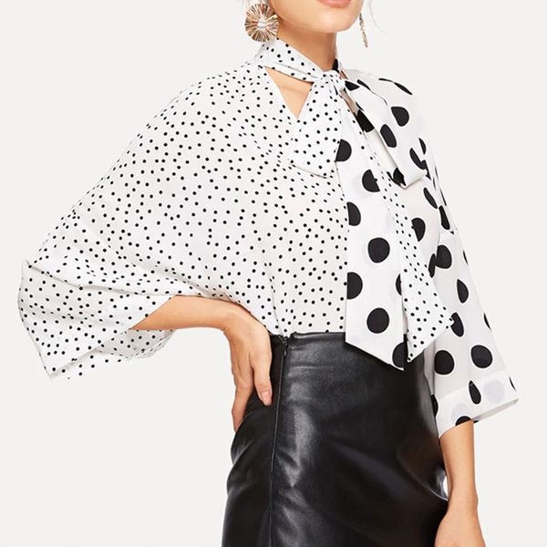 

blouses spring chiffon polka dot print fashion v-neck bow tie strap casual women's ladies shirt 2xhx, White