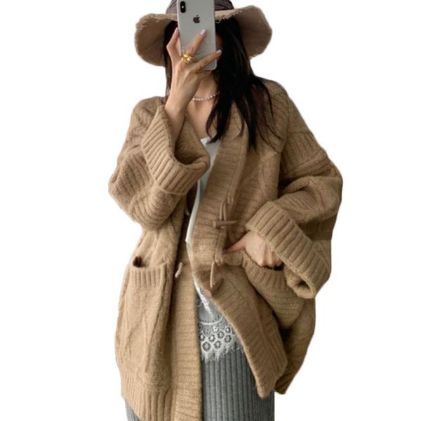 

women's knits & tees wsyore autumn and winter casual horn button thick knitted cardgian coat women loose wild mid-long sweater jacket n, White