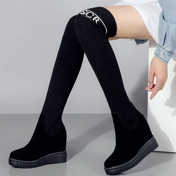 

boots thigh high fashion sneakers women genuine leather wedges heel motorcycle female winter round toe platform pumps shoes, Black
