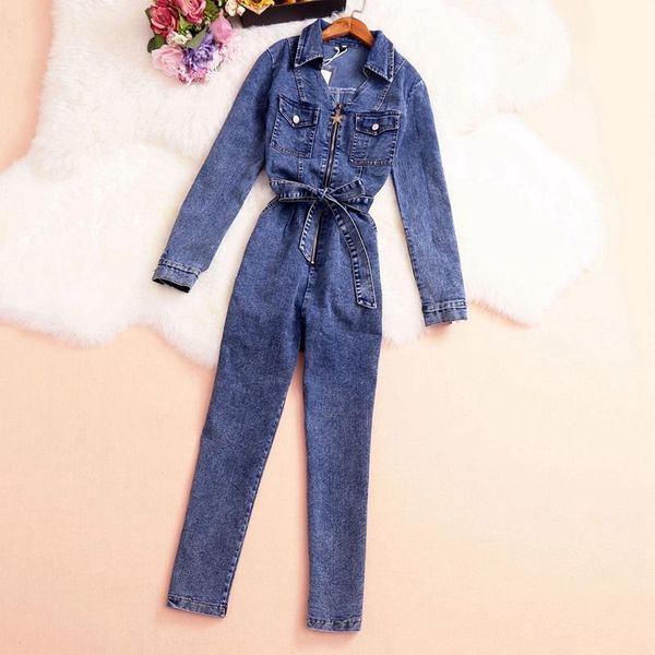 

women's jumpsuits & rompers korean streetwear long sleeve lacing high waist playsuits turn-down collar pockets zipper denim chic bodysu, Black;white